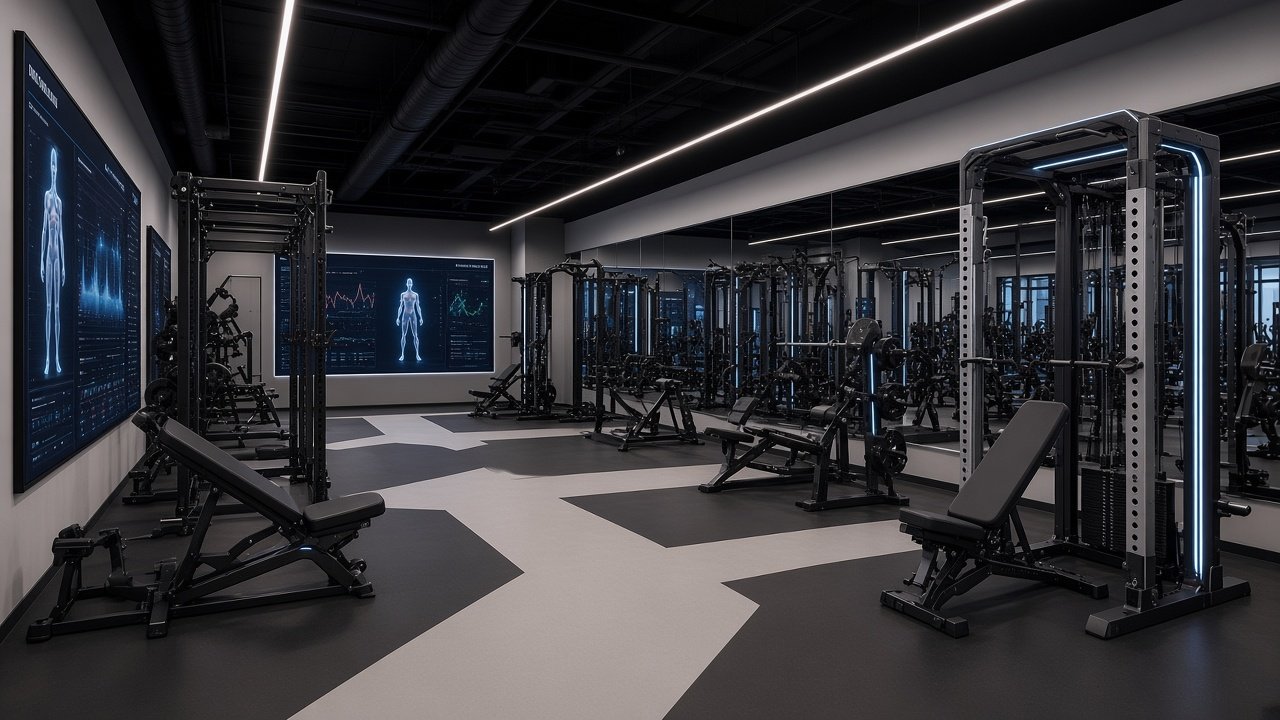 Modernes, gut ausgestattetes Fitnessstudio mit digitalen Trainingsanzeigen